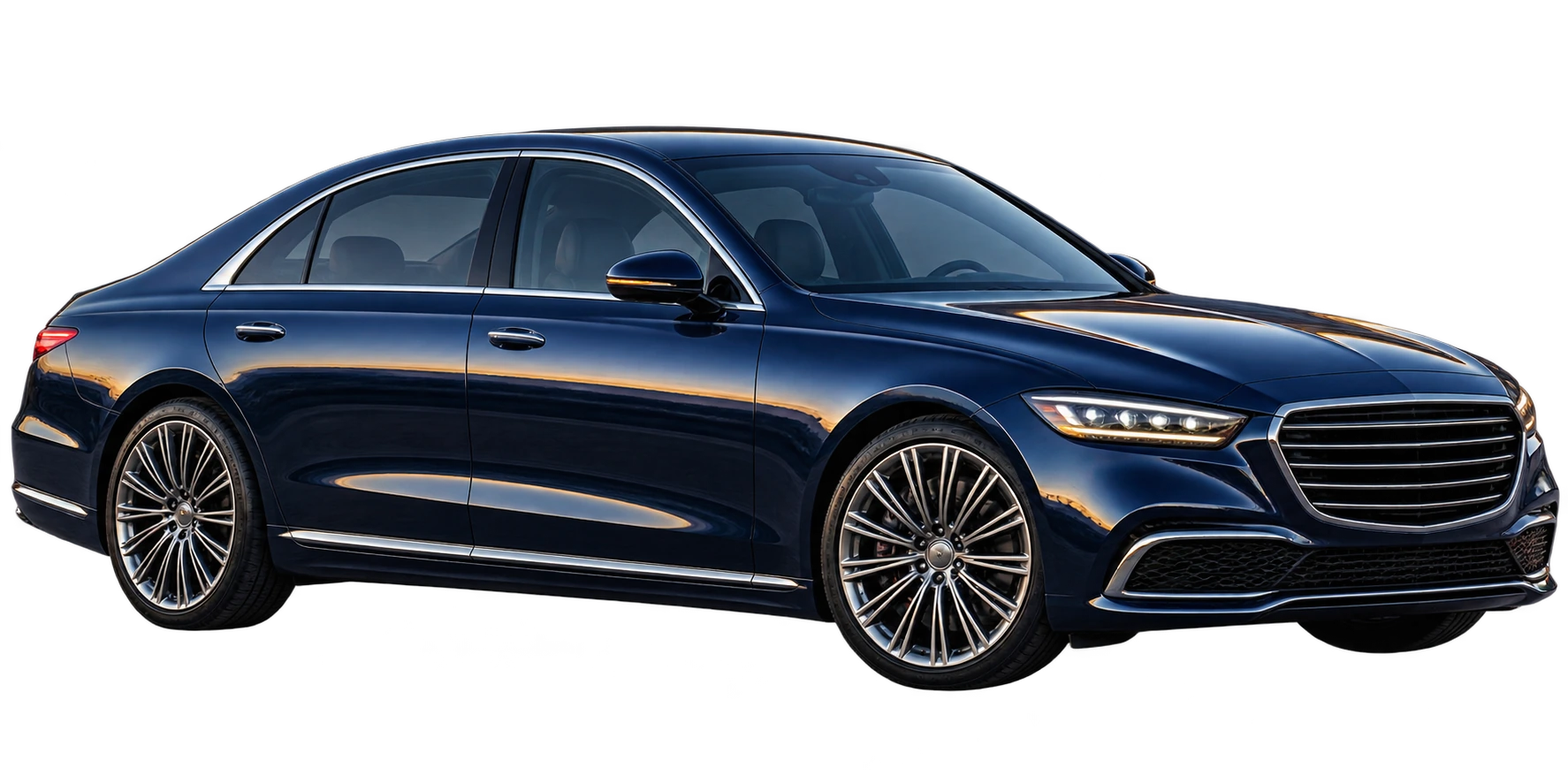 Illustrative midnight-blue executive sedan